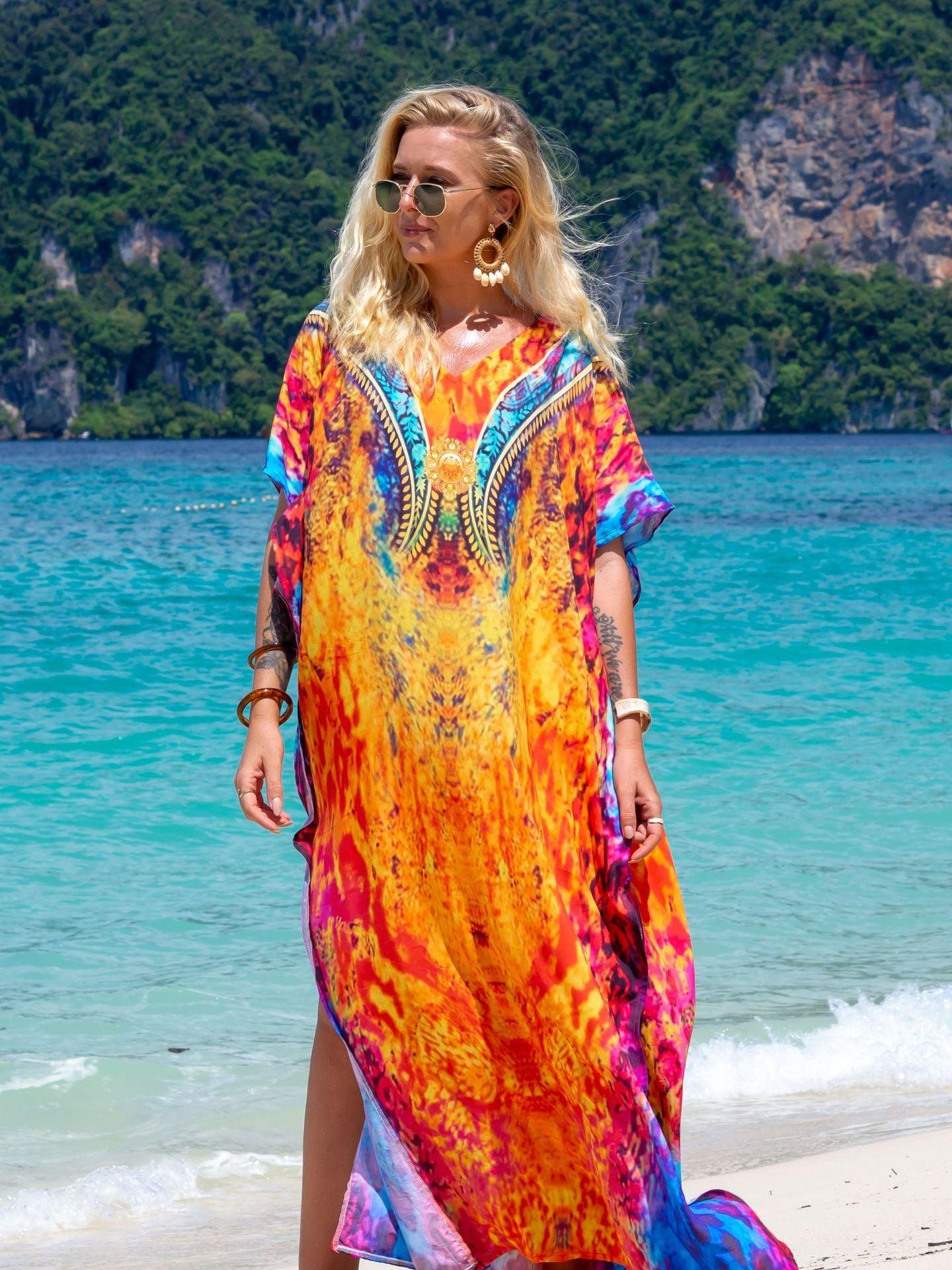 Rayon Printed Robe Seaside Holiday Sun Protection Shirt Beach Dress Bikini - Elite Essence Store