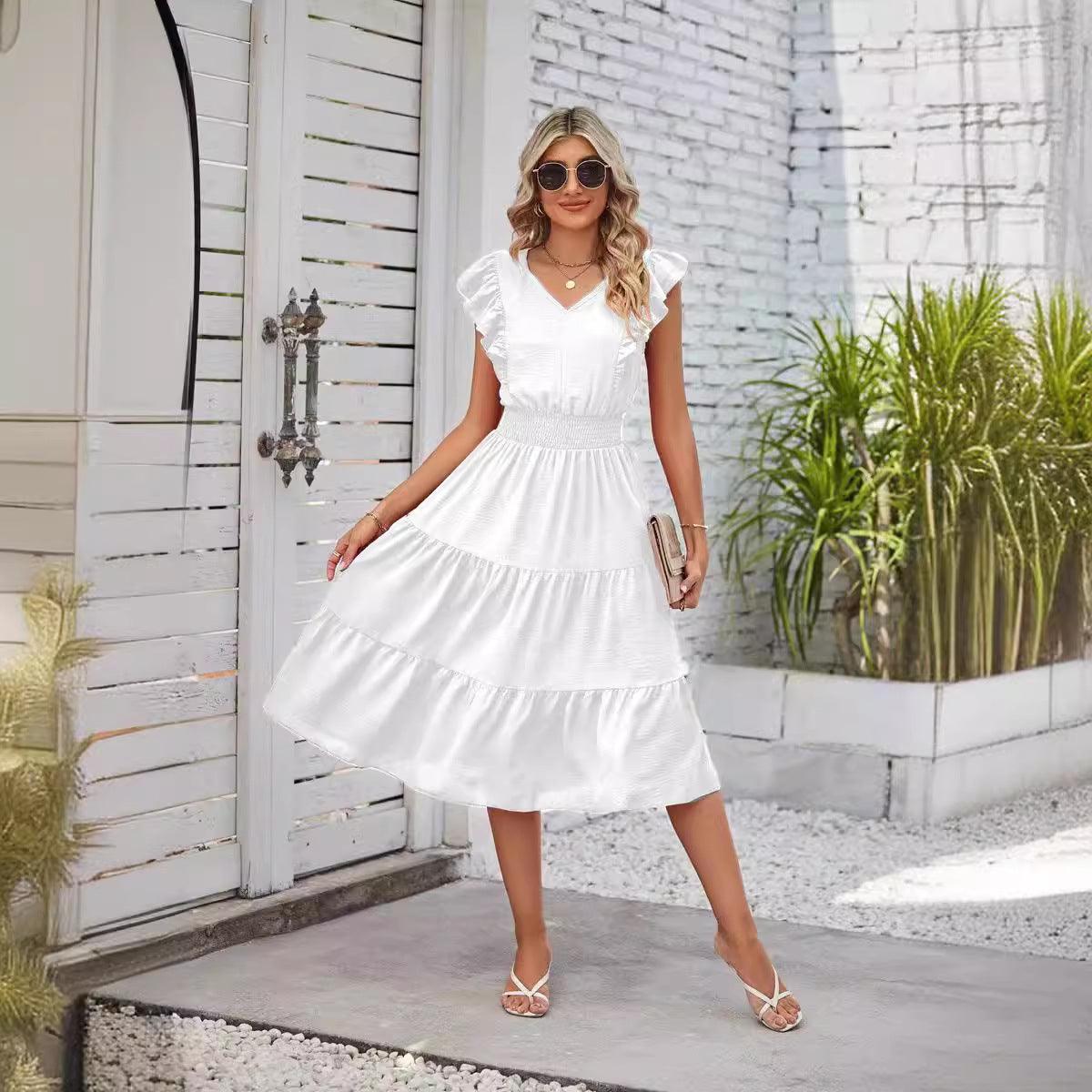 New Ruffled Sleeveless V-Neck Dress Summer Fashion Elastic Waist A-Line Dresses For Womens Clothing - Elite Essence Store