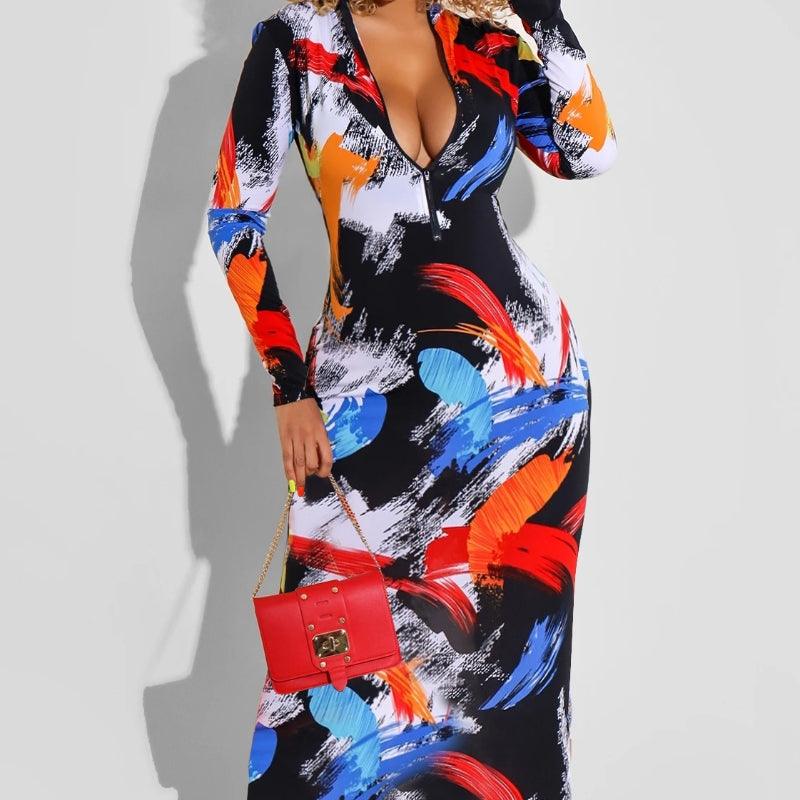 Printed Zipper Double-sided Long Sleeve Dress - Elite Essence Store