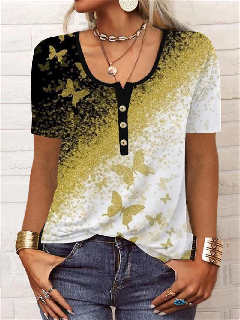 Summer Loose Short Sleeves Geometric Floral U-neck Button T-shirt - Elite Essence Store