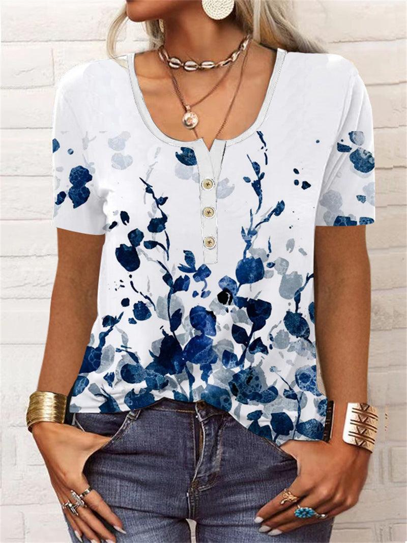 Summer Loose Short Sleeves Geometric Floral U-neck Button T-shirt - Elite Essence Store