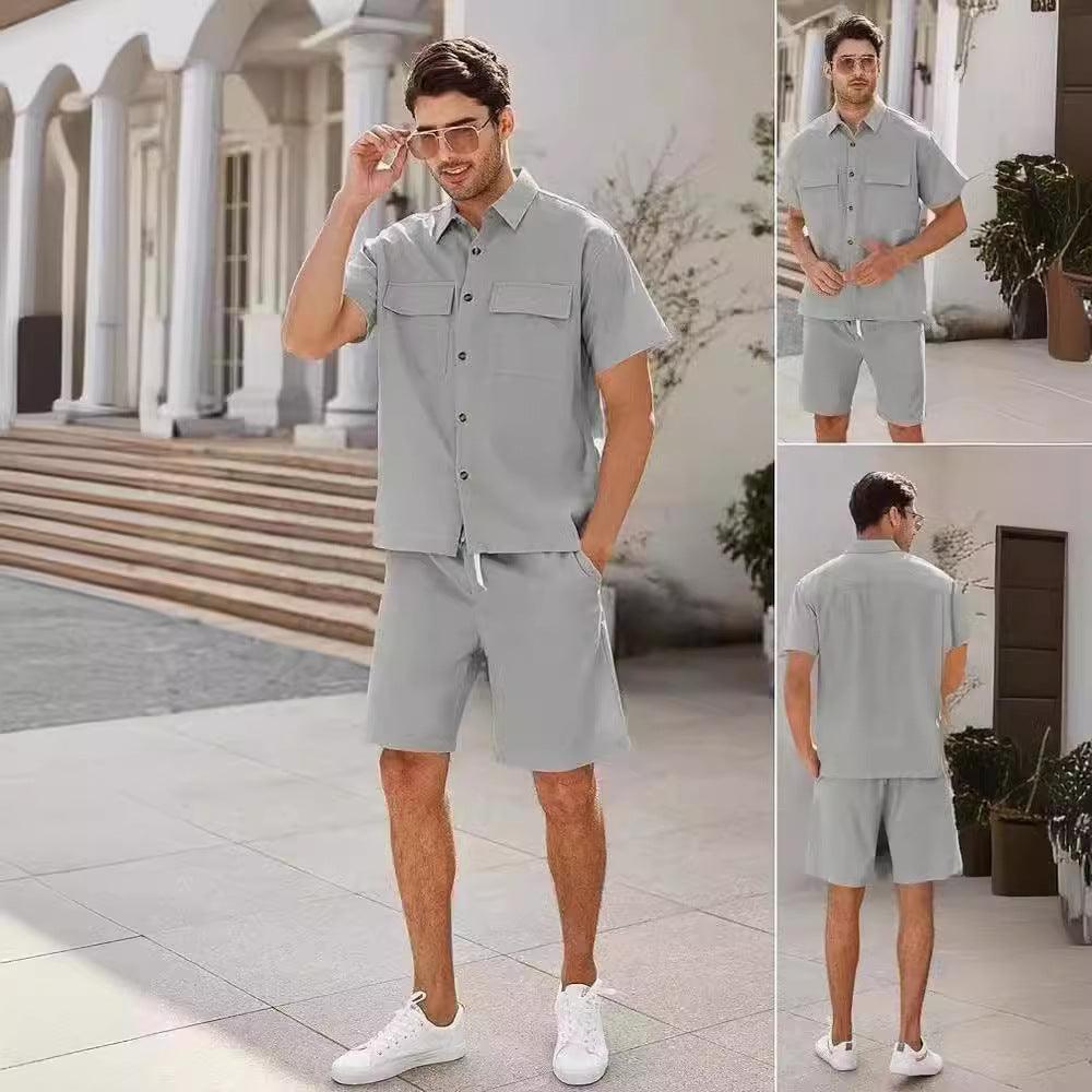 Summer Suits Men Short Sleeve Lapel Pockets Shirt And Drawstring Shorts Sports Fashion Leisure Men's Clothing - Elite Essence Store