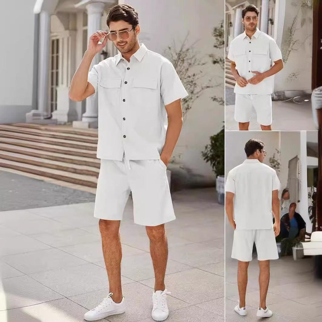 Summer Suits Men Short Sleeve Lapel Pockets Shirt And Drawstring Shorts Sports Fashion Leisure Men's Clothing - Elite Essence Store