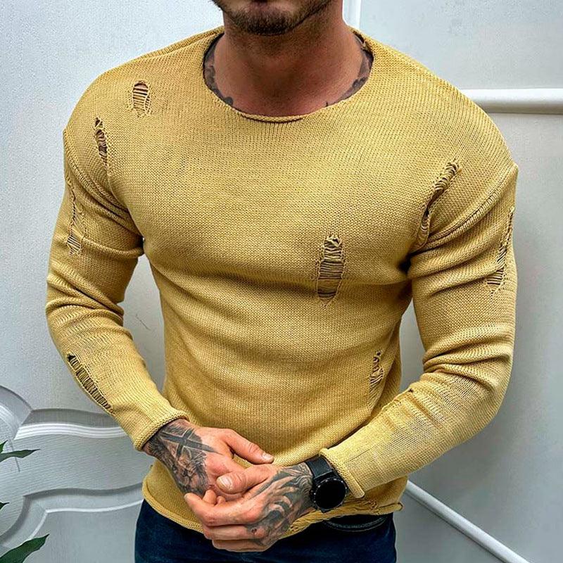 Men's Summer New Ripped Sweater Round Neck Long Sleeve Thin Basic Shirt - Elite Essence Store