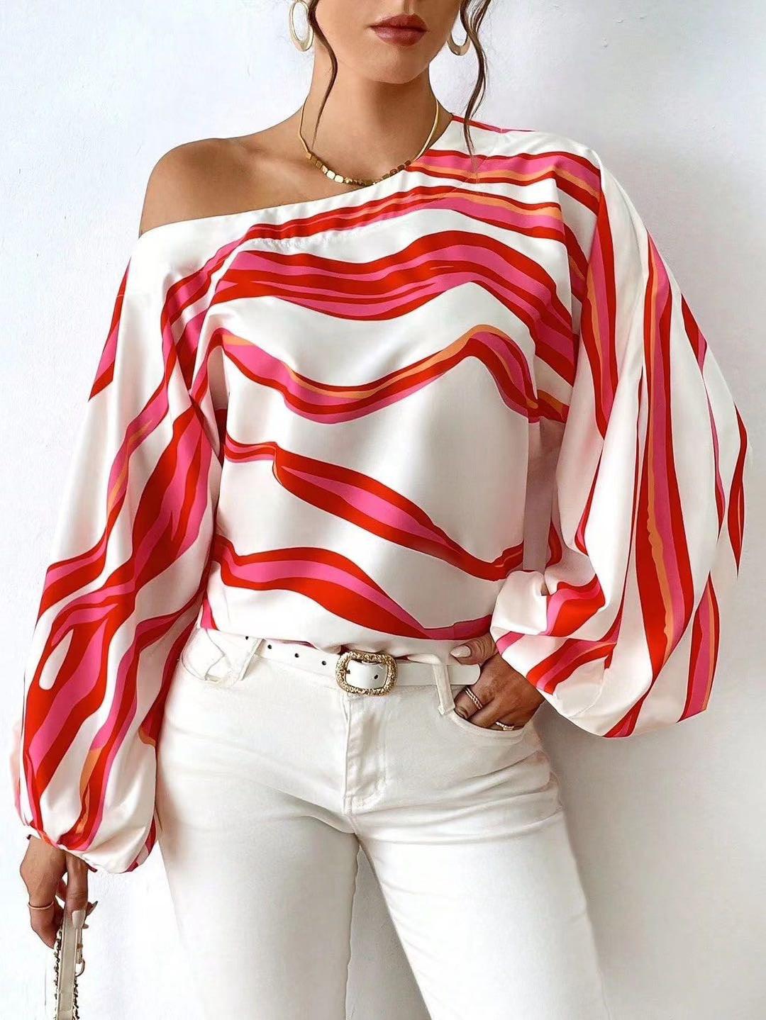 Off-neck Printed Loose-fitting Women's Shirt - Elite Essence Store