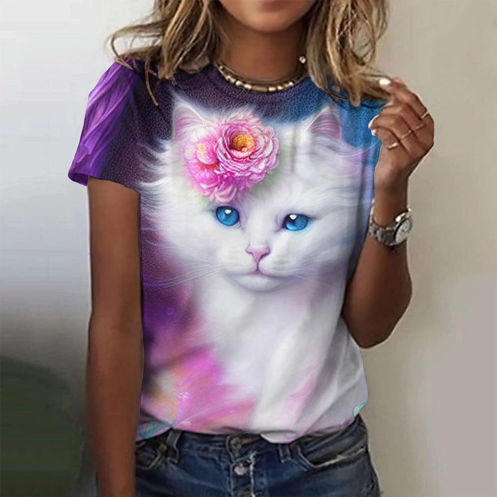 Women's Fashion Cat Printing Short Sleeve - Elite Essence Store