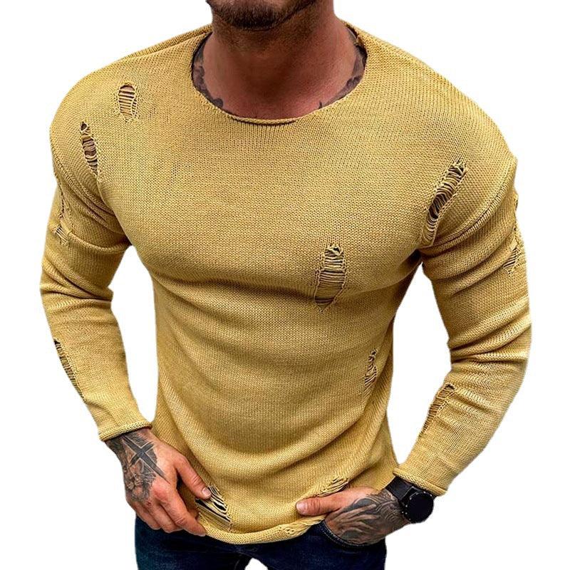 Men's Summer New Ripped Sweater Round Neck Long Sleeve Thin Basic Shirt - Elite Essence Store