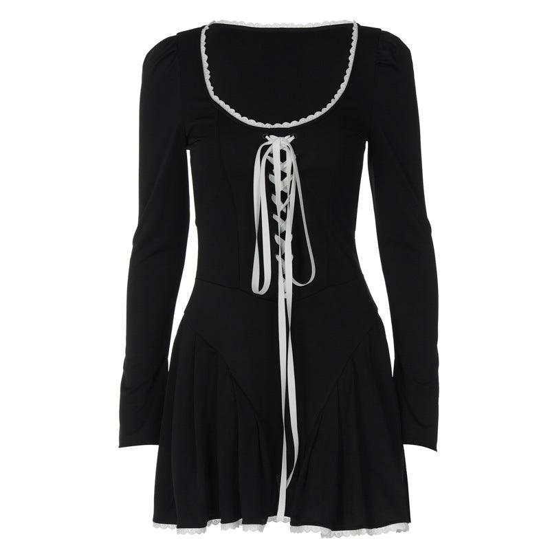 Fashion Long Sleeve U-shaped Collar Rope Waist Girdle Skinny Short Dress - Elite Essence Store