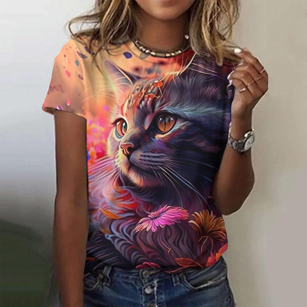 Women's Fashion Cat Printing Short Sleeve - Elite Essence Store