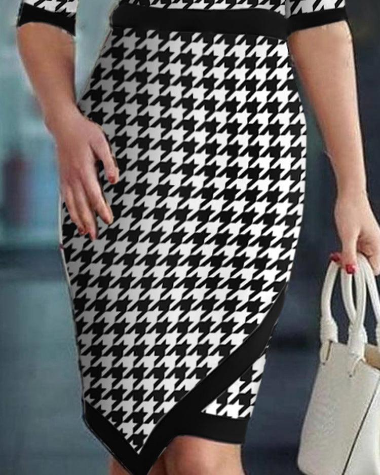 Women's Houndstooth Printing Color Contrast Dress - Elite Essence Store