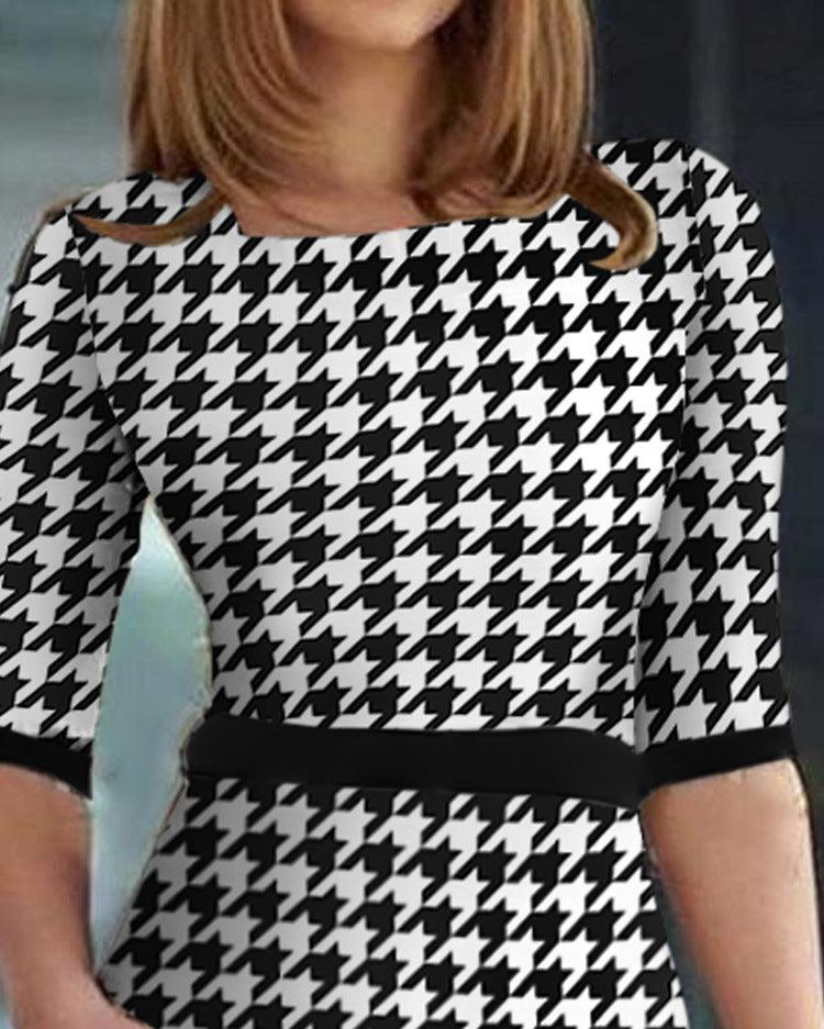 Women's Houndstooth Printing Color Contrast Dress - Elite Essence Store