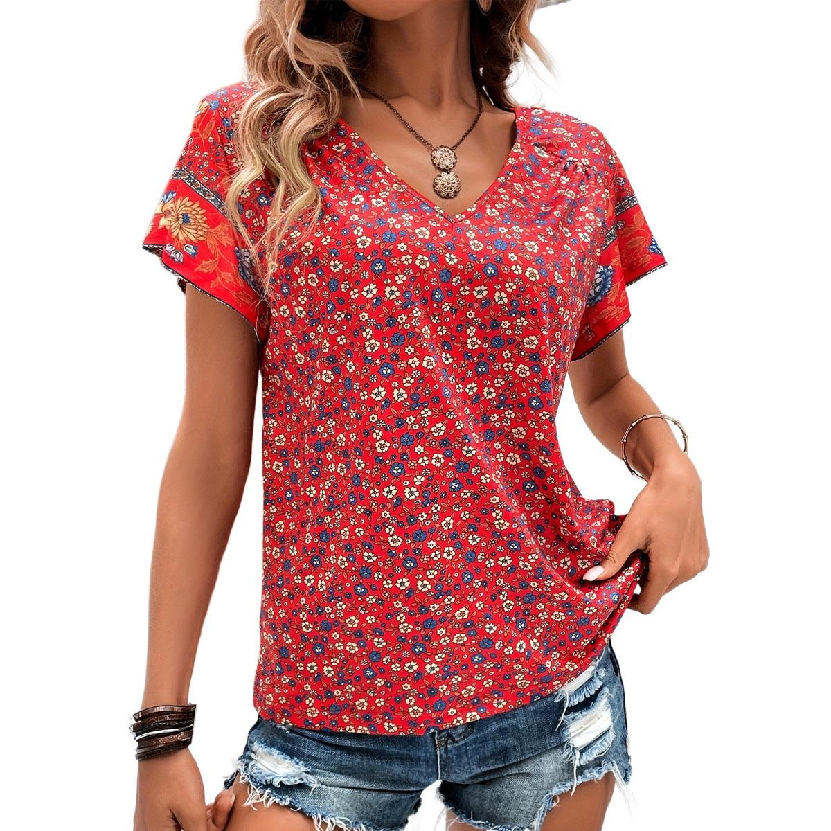 Women's Fashionable Elegant Floral V-neck Shirt Top - Elite Essence Store