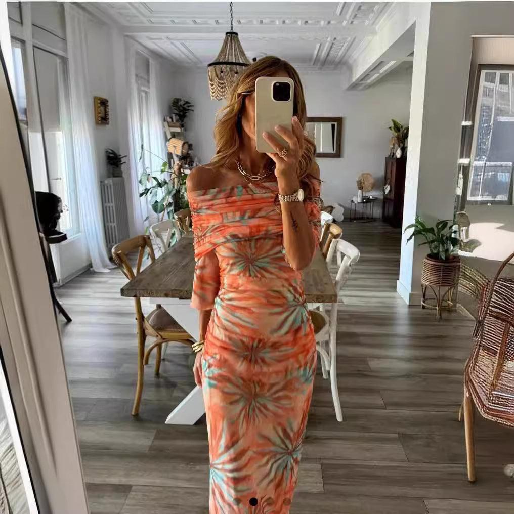 Printed Slim-fit Off-neck Long Sleeve Dress Women - Elite Essence Store