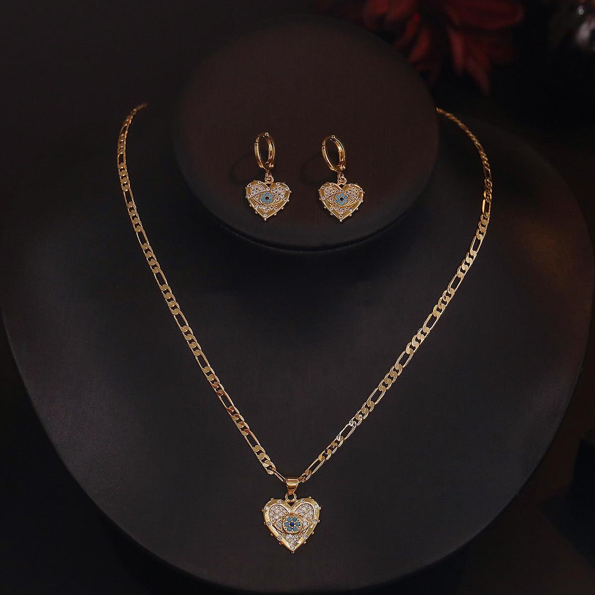 Fashion Jewelry Personality Copper Plated Real Gold Heart-shaped Zircon Pendant Necklace And Earrings Suite - Elite Essence Store