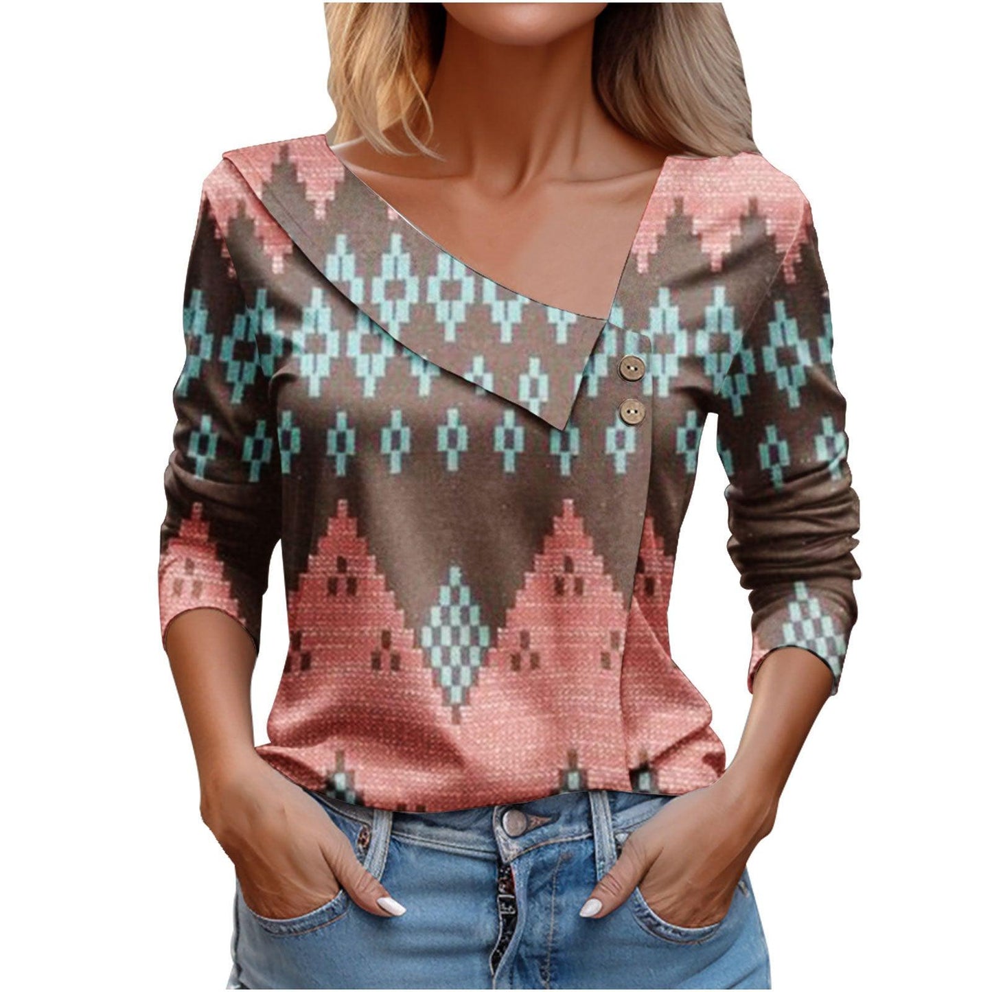 Women's Long-sleeved V-neck Printed T-shirt - Elite Essence Store