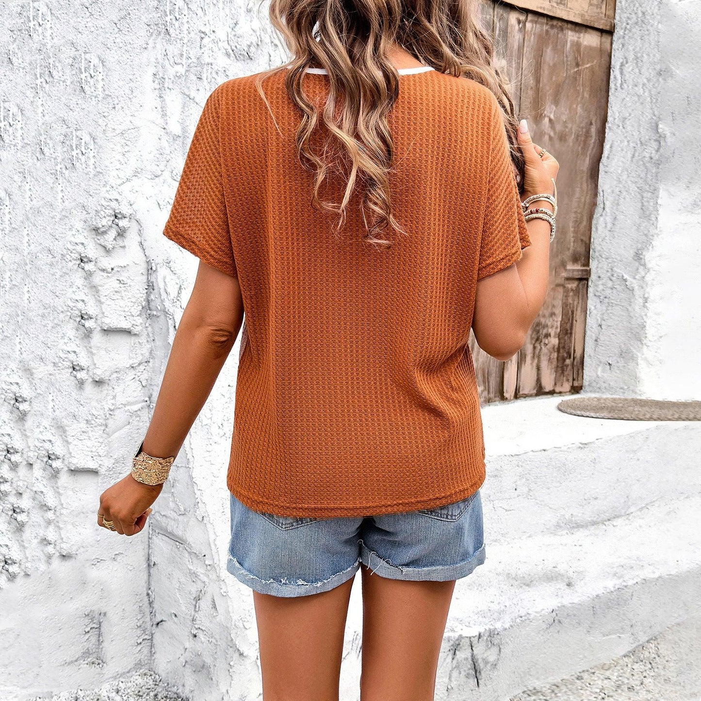 Women's Fashion Temperament Leisure Color-block Crew Neck T-shirt - Elite Essence Store