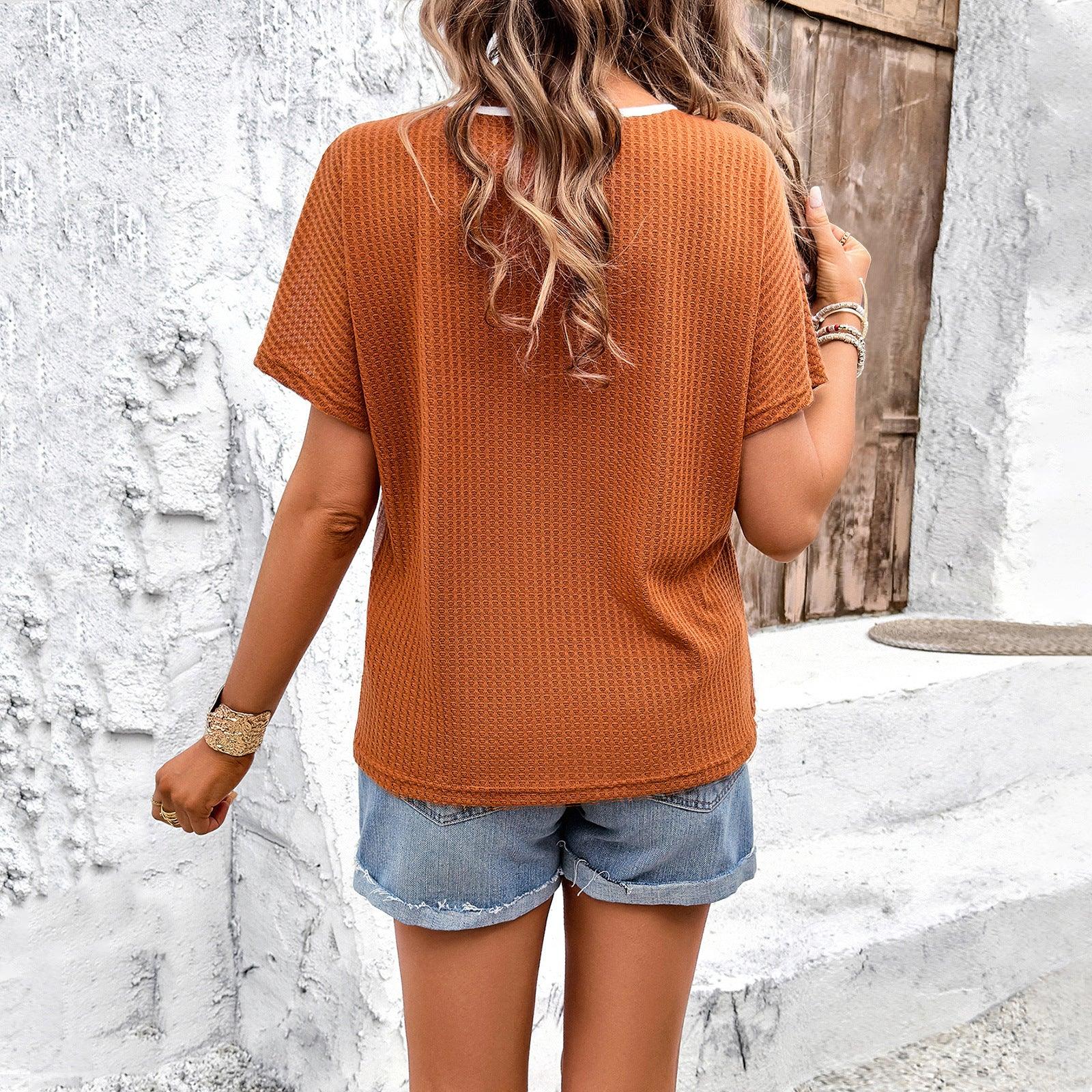 Women's Fashion Temperament Leisure Color-block Crew Neck T-shirt - Elite Essence Store