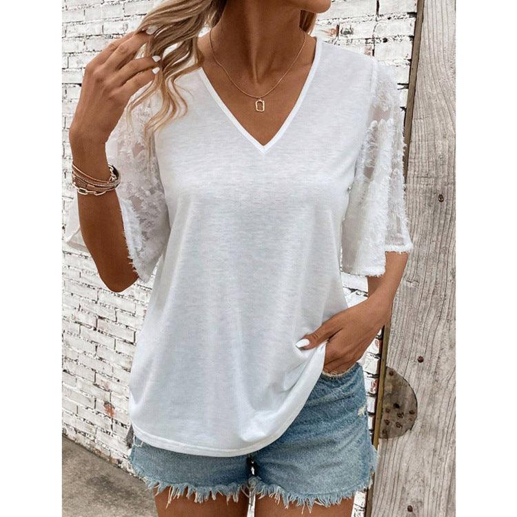 Women's V-neck Lace Lace Loose T-shirt - Elite Essence Store