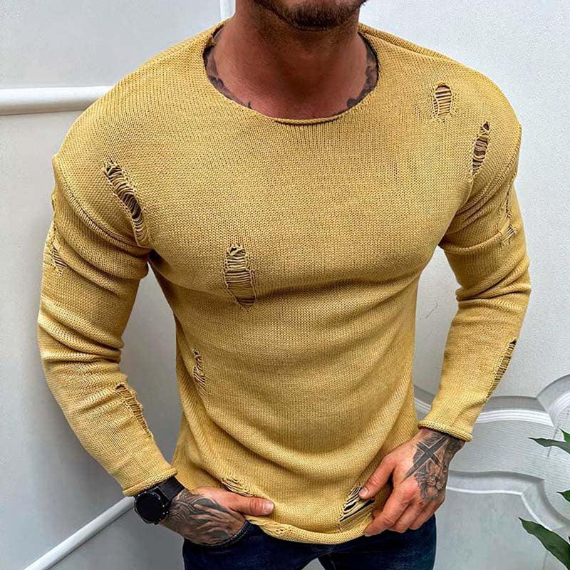 Men's Summer New Ripped Sweater Round Neck Long Sleeve Thin Basic Shirt - Elite Essence Store