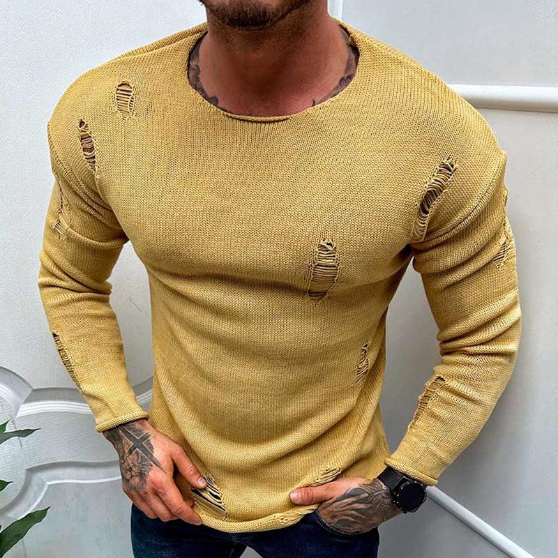 Men's Summer New Ripped Sweater Round Neck Long Sleeve Thin Basic Shirt - Elite Essence Store