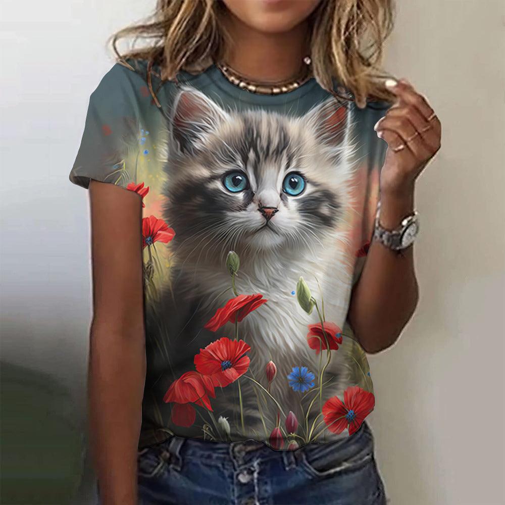 Women's Fashion Cat Printing Short Sleeve - Elite Essence Store