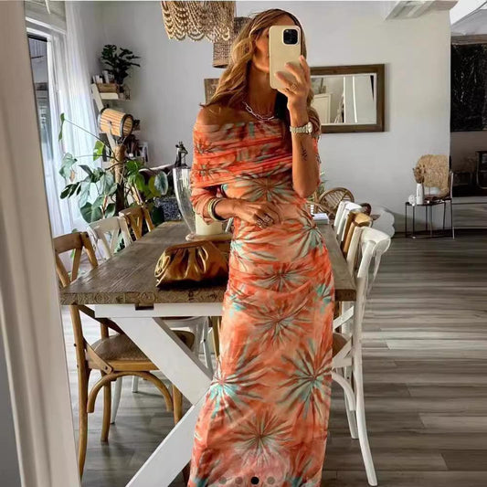 Printed Slim-fit Off-neck Long Sleeve Dress Women - Elite Essence Store