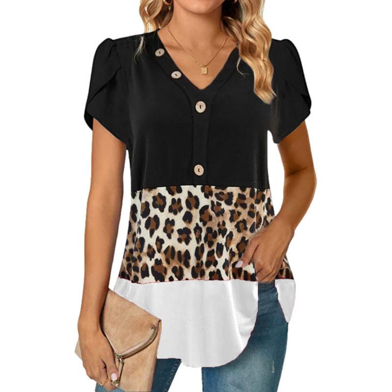 Women's V-neck Stitching Short Sleeve Button - Elite Essence Store