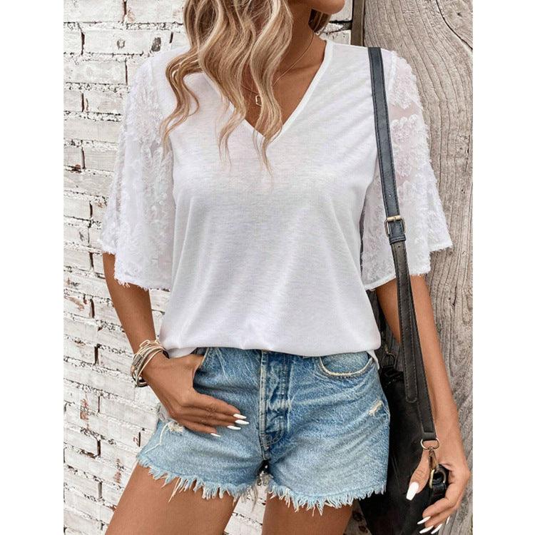 Women's V-neck Lace Lace Loose T-shirt - Elite Essence Store