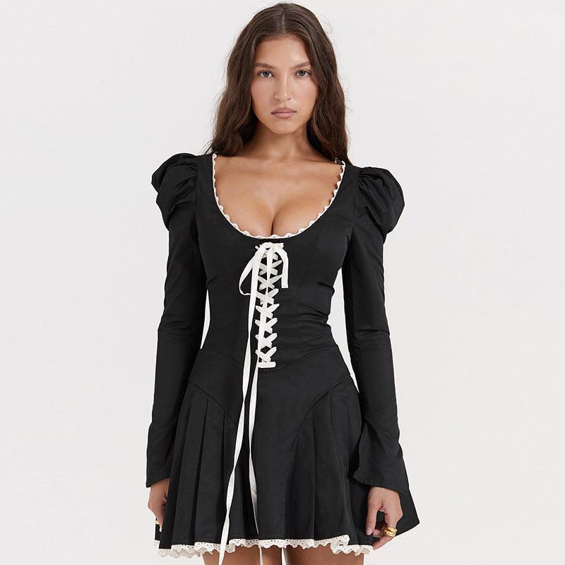 Fashion Long Sleeve U-shaped Collar Rope Waist Girdle Skinny Short Dress - Elite Essence Store