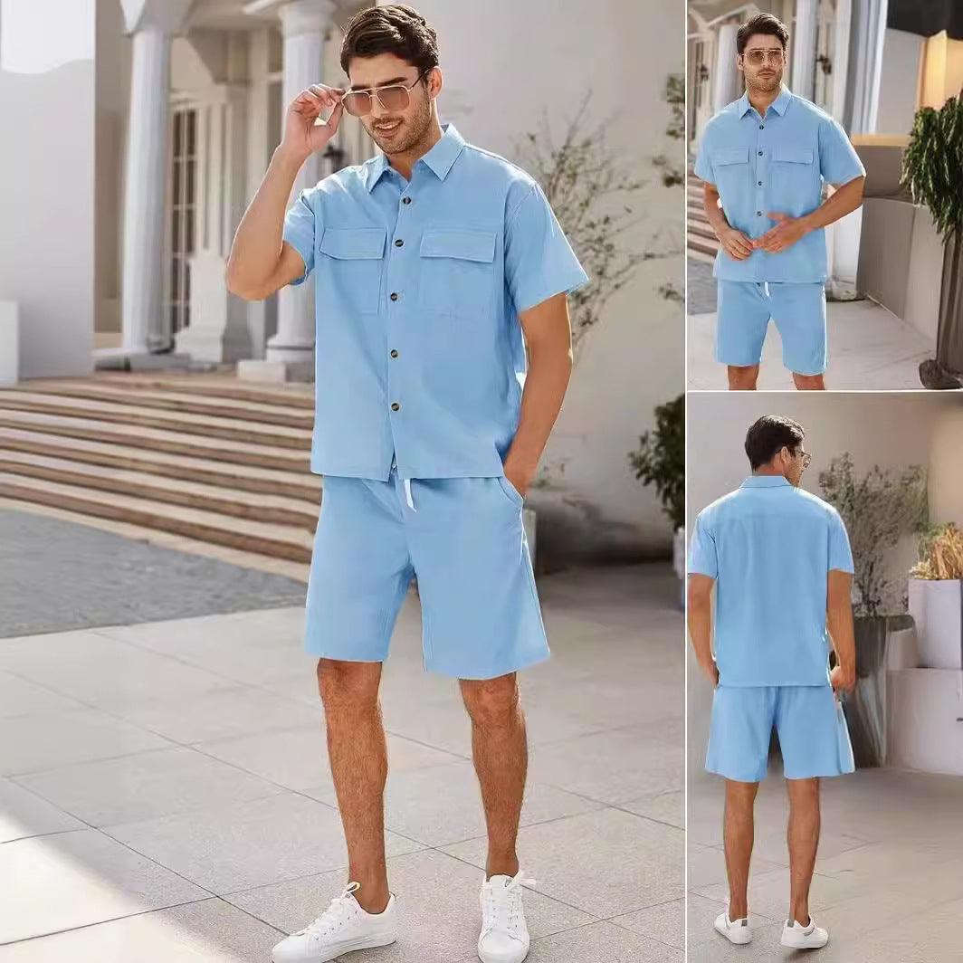 Summer Suits Men Short Sleeve Lapel Pockets Shirt And Drawstring Shorts Sports Fashion Leisure Men's Clothing - Elite Essence Store