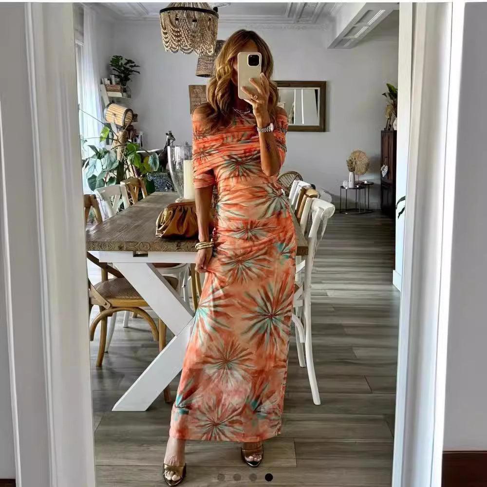 Printed Slim-fit Off-neck Long Sleeve Dress Women - Elite Essence Store