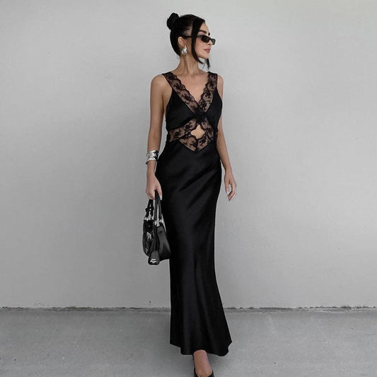 Women's Lace Splicing Sling Long Dress - Elite Essence Store