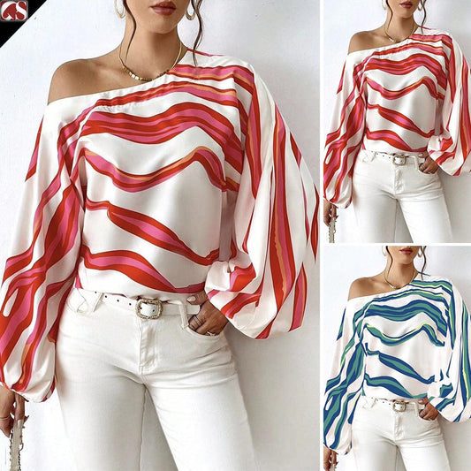 Off-neck Printed Loose-fitting Women's Shirt - Elite Essence Store