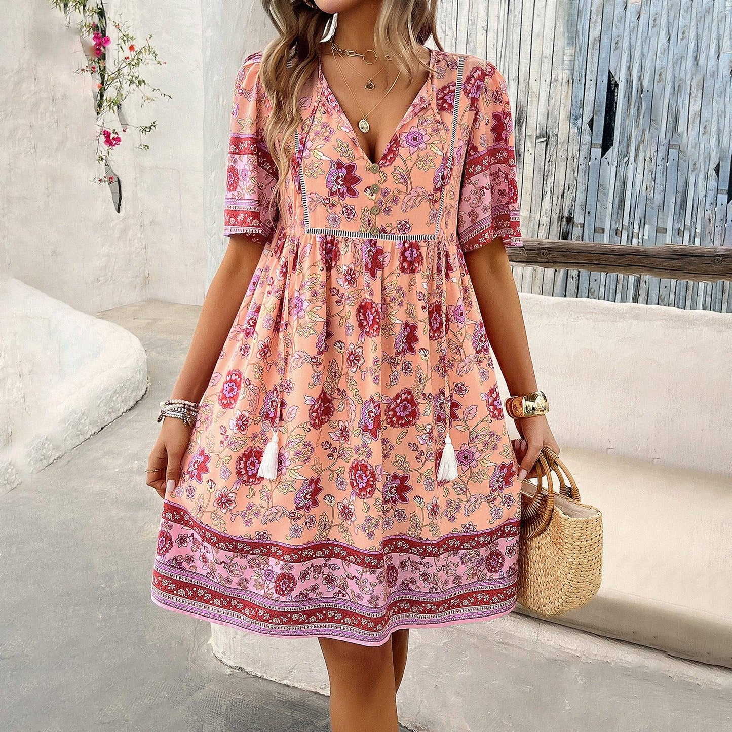 Casual Holiday Floral Print Short Sleeve Dress - Elite Essence Store