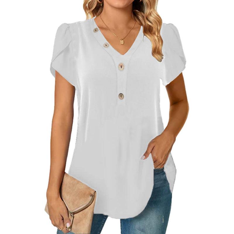 Women's V-neck Stitching Short Sleeve Button - Elite Essence Store