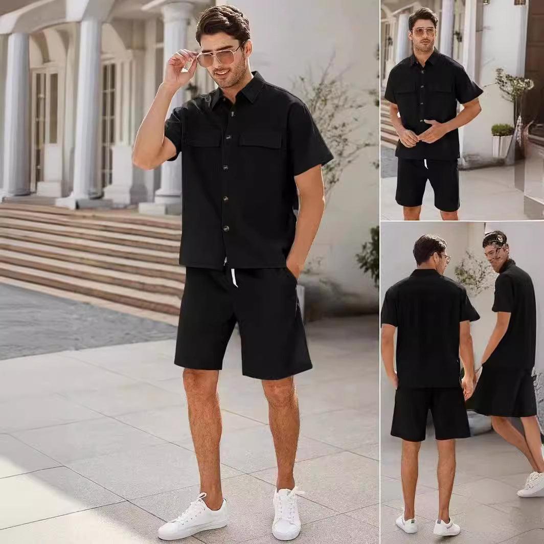 Summer Suits Men Short Sleeve Lapel Pockets Shirt And Drawstring Shorts Sports Fashion Leisure Men's Clothing - Elite Essence Store