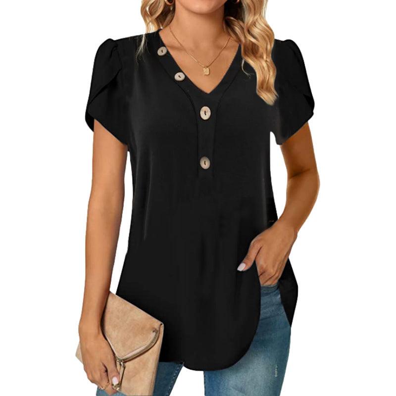 Women's V-neck Stitching Short Sleeve Button - Elite Essence Store