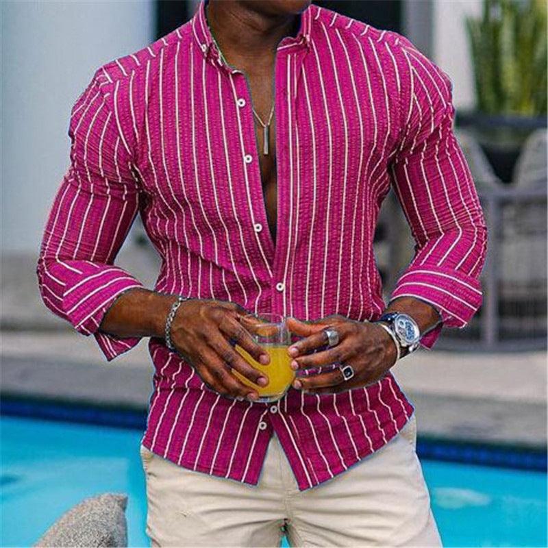 Men's Cardigan 3D Printed Long Sleeve Casual Slim-fitting Type Long Sleeve Lapel Plaid Shirt - Elite Essence Store