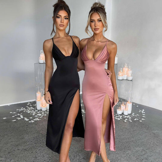 Spaghetti Strap Dress With Split Design Deep V-neck Sleeveless Backless Bodycon Party Dresses For Womens Clothing - Elite Essence Store