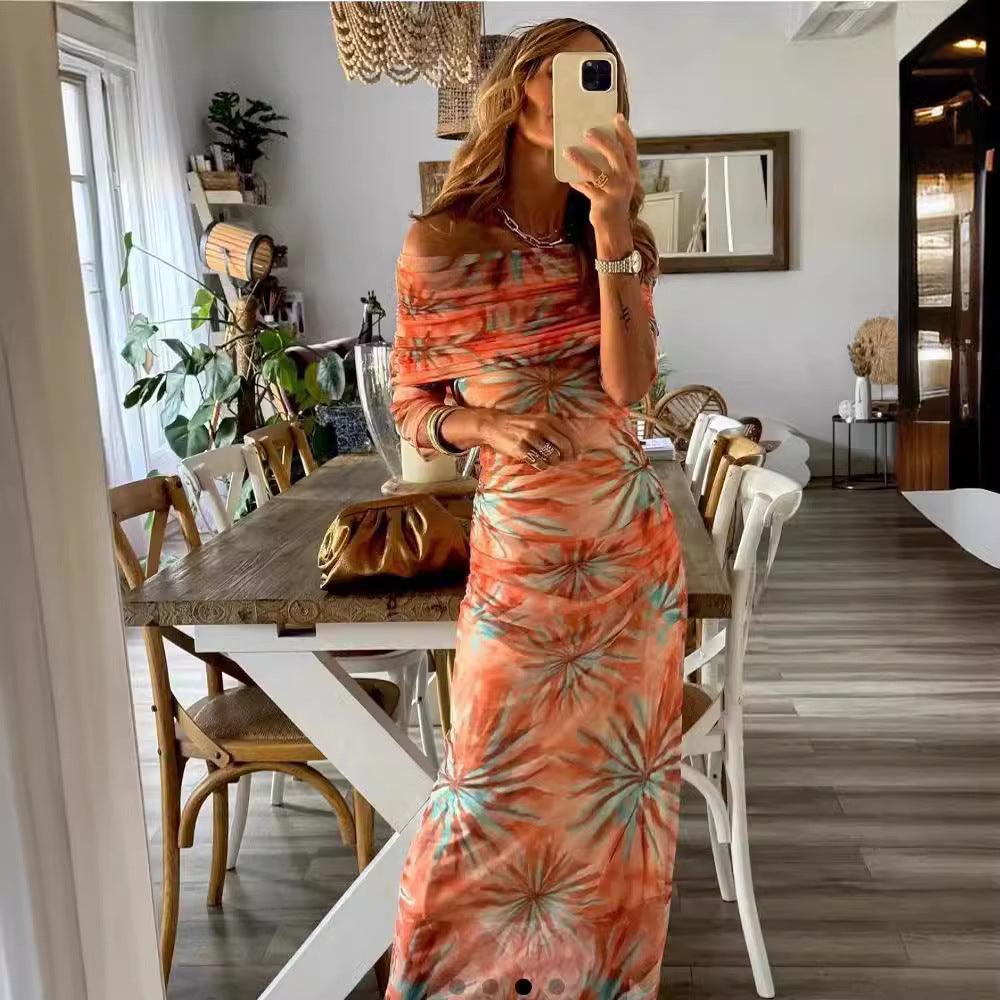 Printed Slim-fit Off-neck Long Sleeve Dress Women - Elite Essence Store