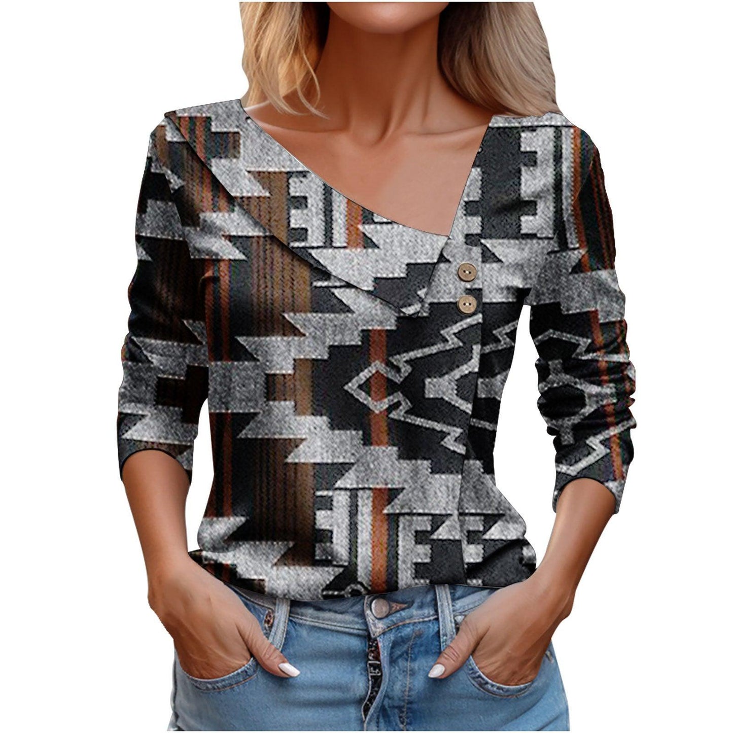 Women's Long-sleeved V-neck Printed T-shirt - Elite Essence Store