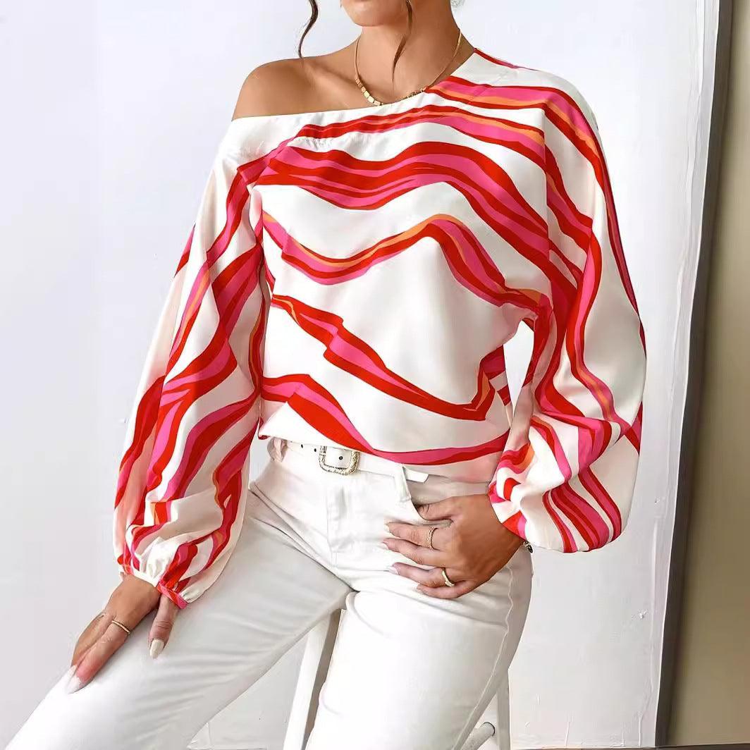Off-neck Printed Loose-fitting Women's Shirt - Elite Essence Store