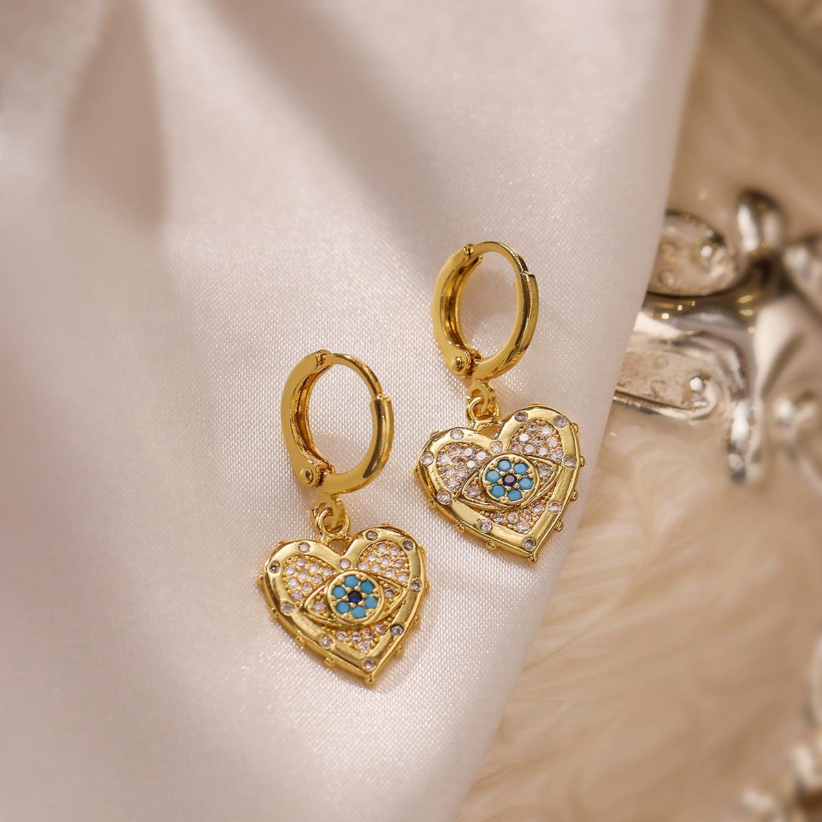 Fashion Jewelry Personality Copper Plated Real Gold Heart-shaped Zircon Pendant Necklace And Earrings Suite - Elite Essence Store