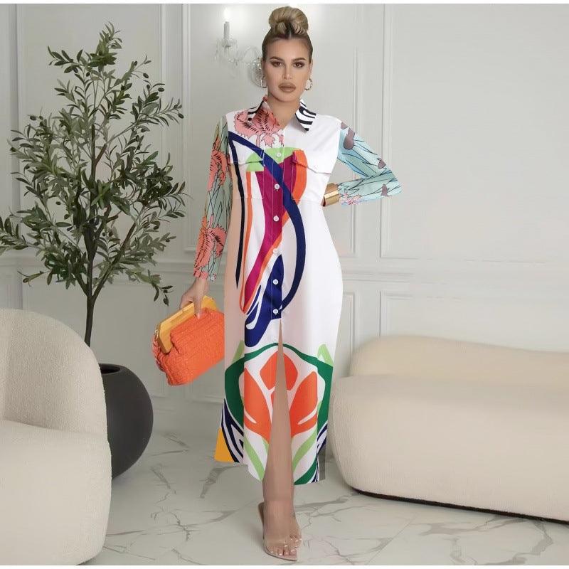 Long Sleeve Printing Lapel Shirt Women's Long Dress - Elite Essence Store