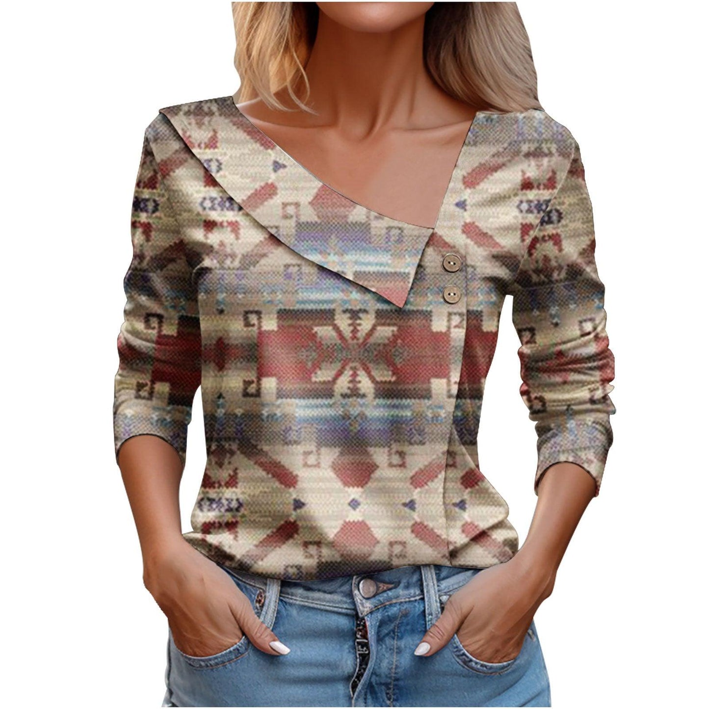 Women's Long-sleeved V-neck Printed T-shirt - Elite Essence Store