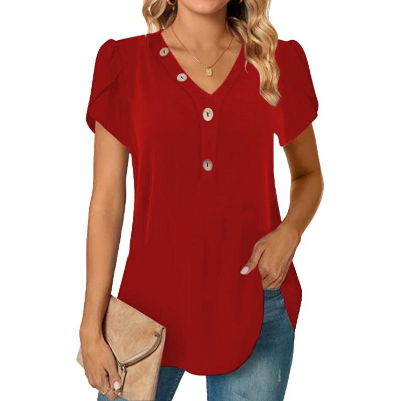 Women's V-neck Stitching Short Sleeve Button - Elite Essence Store