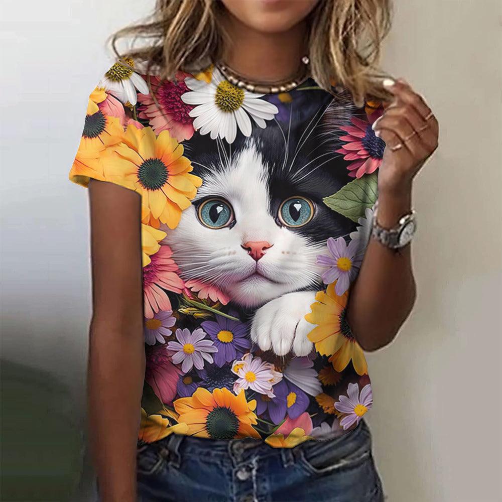 Women's Fashion Cat Printing Short Sleeve - Elite Essence Store