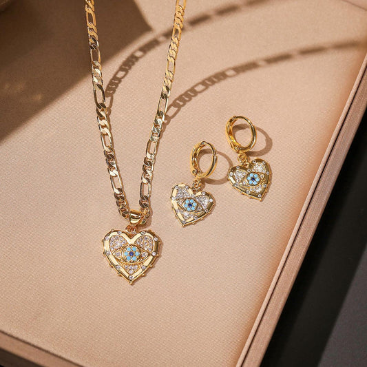 Fashion Jewelry Personality Copper Plated Real Gold Heart-shaped Zircon Pendant Necklace And Earrings Suite - Elite Essence Store