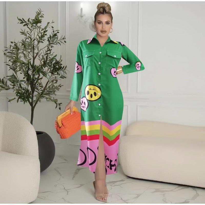 Long Sleeve Printing Lapel Shirt Women's Long Dress - Elite Essence Store