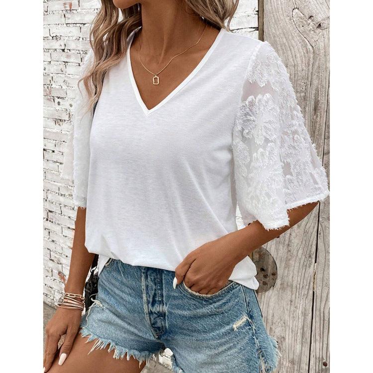 Women's V-neck Lace Lace Loose T-shirt - Elite Essence Store